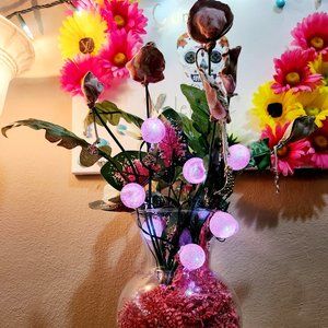 Cloth flower glowing bouquet with glass vase